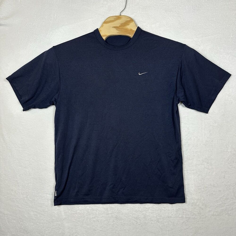 Nike‎ Dri Fit T Shirt Mens Large Navy Blue Mini Swoosh Athletic Gym Tee
